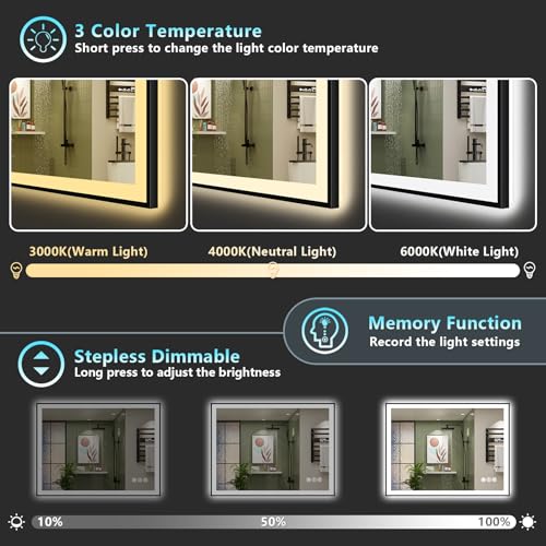 Image of 48x30 Black Framed LED Bathroom Mirror with Lights, Backlit and Front Lit Anti-Fog Lighted Vanity Mirrors for Bathroom Wall, Dimmable, 3 Colors, Memory, HD Tempered Glass, Horizontal /Vertical