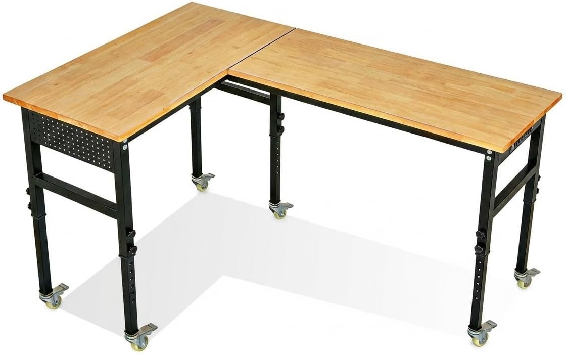 Adjustable L-Shaped Workbench, Rubber Wood Top Heavy Duty Workstation with Power Outlets, 2000 LBS Load Capacity Hardwood Worktable for Workshop Garage Office Home Commercial
