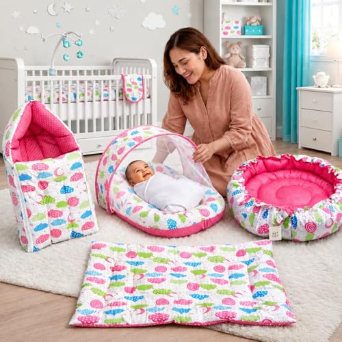 Image of Fareto Combo of Baby Nest | Net with Bed | Carry Bag | 4 Pcs Bedding Set(0-6 Months) (Fullset Nest) (FULLSET NEST Peach SPRIAL)