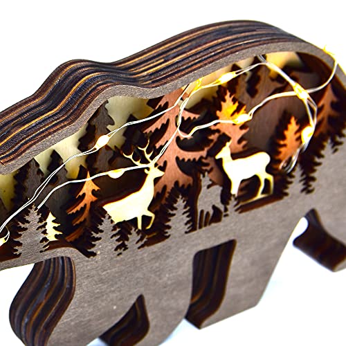 Annoomm Forest Bear Decor Animal Wooden Bear Statues And Figurines Home Ornament Multilayer Woodland Bear Silhouette And Sculpture,Bear Decoration For Shelf Table And Desk Wood (Bear+Light) #TOP3