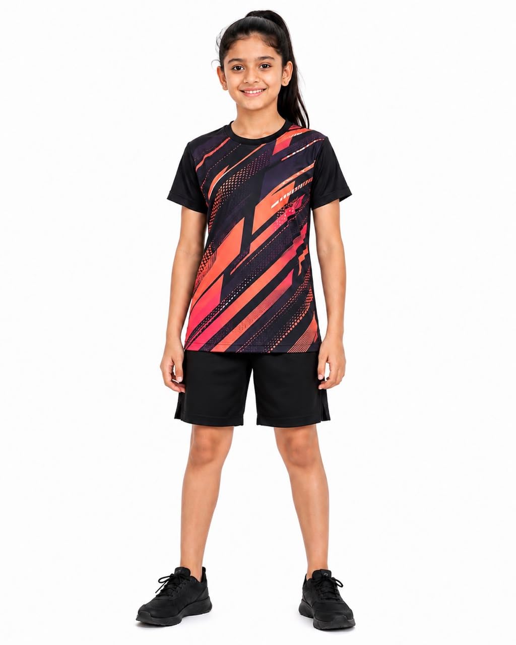 Girls Quick Dry Sports T-Shirt & Shorts Set | Breathable Performance Athletic Activewear | Lightweight Dry-Fit Sports Outfit for Running|Moisture Wicking| Gym & Outdoor Play | Black & Coral| 4–15 Year-image-27