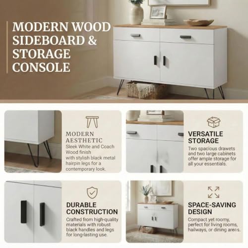 Image of FFO cabinets for Living Room | Wooden Living Room Storage Cabinet with Drawers, Side Cabinet for Bedroom, Modern Wood Finish, 2 Door Cupboard with Metal Legs White and Coach Wood (DIY).