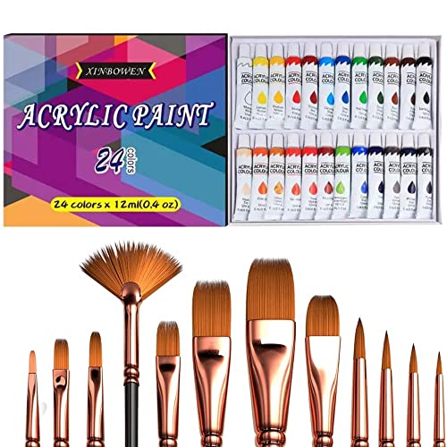 Image of INOG Acrylic Paint Set 24x12ml With 12 Brushes Artist Quality Non-Toxic Rich Pigments Colors Perfect for Kids Adults Beginners For Canvas Wood Clay Fabric Ceramic Crafts