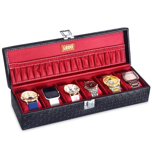 Image of LEDO Luxury Watch Storage Box, 6-Slot Display Case Organizer, Royal Black PU Leather, Metal Clasp, Velvet Interior, Modern Classic Style, Pack of 2