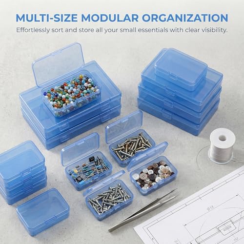 Image of Blue Organizer Boxes, 24 Pack Mixed Size Plastic Storage Containers with Hinged Lid & Label Stickers, Multi-Size Rectangular Clear Boxes for Beads, Jewelry, Crafts, Electronic - DIY