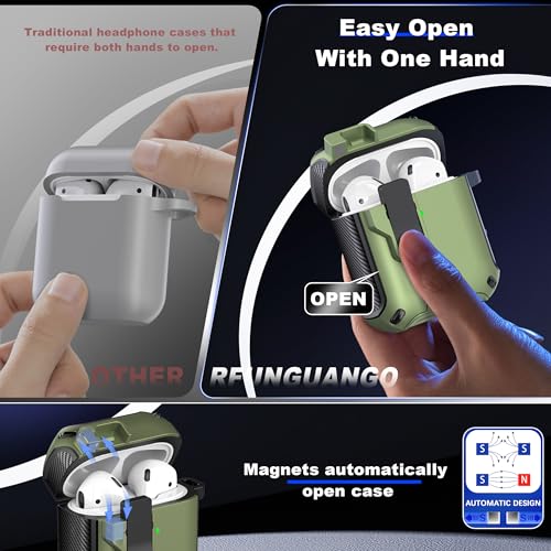 Image of RFUNGUANGO AirPods 2 Case with Lock Magnetic Lid Phone Stand, Olive Green