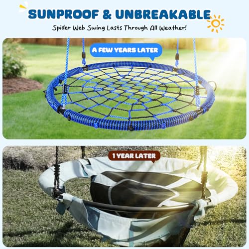 Image of Trekassy 750lbs 40 inch Spider Web Saucer Tree Swing for Kids Adults, Outdoor Net Swing with Steel Frame and 2 Hanging Straps-Blue+Black (Patented)