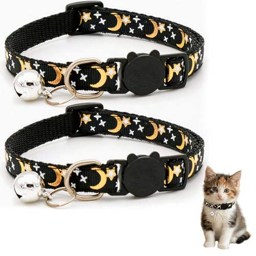 Reflective Adjustable Cat Collar with Bell Moon Star Print Kitten Collar with Safety Breakaway Buckle Cute Cat Collar for Cats Kittens Multiple Colors Available (2 Pack)