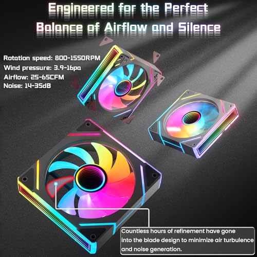 Image of 7 Pack 120mm ARGB PC Fans, 4 Forward+3 Reverse, PWM, 28 LED Black | 4 Forward & 3 Reverse Fans for PC Case, 4Pin PWM, 1550 RPM, 28 ARGB LED, Infinity Mirror Lighting, Ideal for Gaming & Cooling
