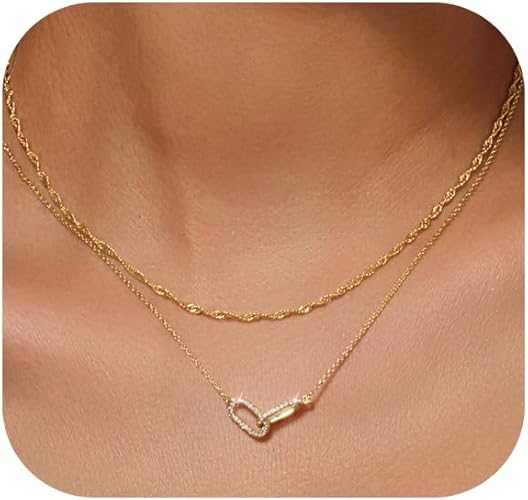 Gold Necklace for Women Dainty Layered Diamond Necklace Trendy 14K Gold Plated Paperclip Choker Necklaces Cute Minimalist Open Oval Star Necklaces Jewelry for Women Gifts