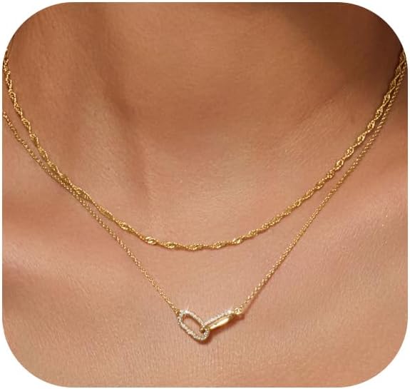 Gold Necklace for Women Dainty Layered Diamond Necklace Trendy 14K Gold Plated Paperclip Choker Necklaces Cute Minimalist Open Oval Star Necklaces Jewelry for Women Gifts