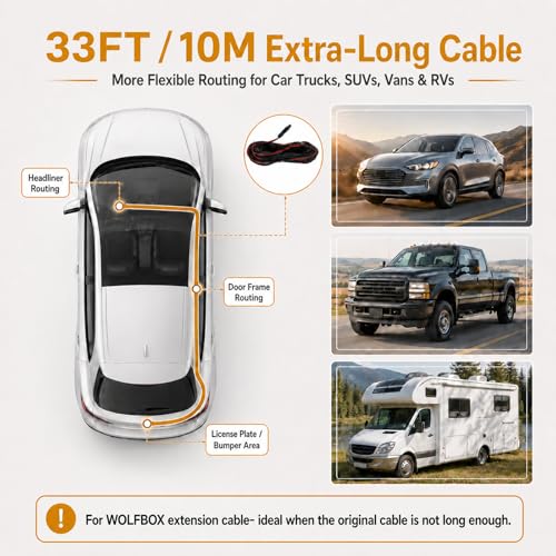 Image of 33FT Rear Camera Extension Cable for WOLFBOX G840S /G930 /G850 /G840H(Type-C) /G900 /i07 /i17 /T10 Plus, for Wolfbox Extension Cable 4-Pin 2.5 mm Pure-Copper Wire for Cars, Trucks, SUVs & Vans