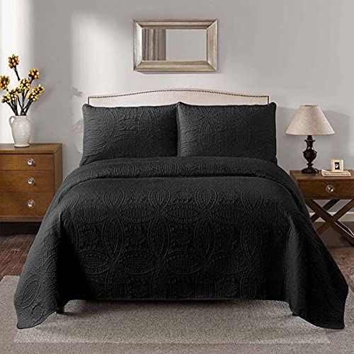 3 Piezas Cubierta Cama, Colcha Bouti Pique, para Cama 150 o Cama 135, Manta Funda para Verano Invierno Cama Matrimonio, Sobrecama Ropa de Cama,Colchas Patchwork,Negro,106x94inch