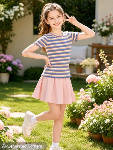 Image of Girls Striped T-Shirt Lettuce Trim Short Sleeve Top Size 6-16 | Soft stretch ribbed knit fabric, breathable blouse,summer outfit for big girls & teen, for school, party and daily activity