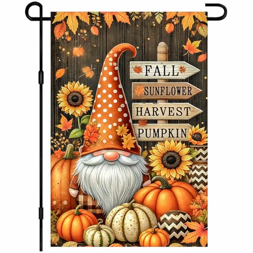 BlissYard Fall Garden Flag 12x18 Inch Double Sided Gnome Flags Pumpkin Sunflower Autumn Harvest Sign Small Yard Flag Seasonal Decoration for Outdoor Porch Lawn Thanksgiving Display