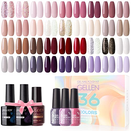 Gellen 36 Colors Gel Nail Polish Kit, With Glossy & Matte Top Coat and Base Coat, Elegant Nude Red Brown Gel Polish Colors Collection, Glitters Nail Art Gel Nail Starter Kit Beauty Gifts