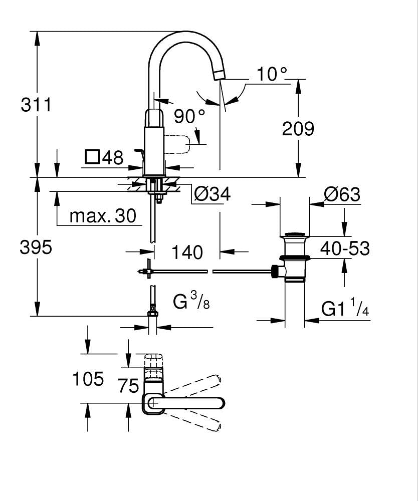 GROHE Dice - Grifo lavabo con desagüe Pop-Up, Talla L, caño en C giratorio 90°, cartucho cerámico 28mm, eficiencia energética y ahorro agua, latiguillos 3/8", QuickTool, Negro Mate, 1018712430