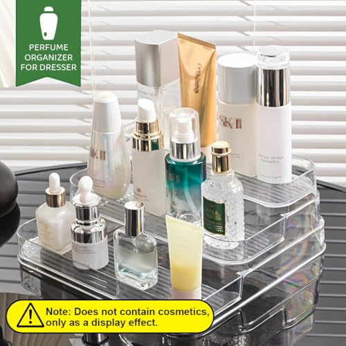 Image of MAYCREATE Perfume Display, 3 Tier Clear Acrylic Riser Shelf for Perfume with Fences, Cupcake, Gemstones, Curio, Anime Figurines, Skin Care Products for Organization and Decor