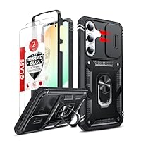 LeYi for Samsung S25-FE Case: with Slide Camera Cover, 2PCS Tempered Glass Screen Protector, Magnetic Ring Kickstand Protective Heavy Duty Cell Phone Case/Cover for Samsung Galaxy S25 FE 5G, Black