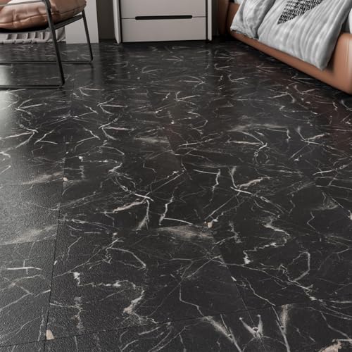 LaCheery 36 Piezas Suelo Vinilico Autoadhesivo Marmol Negro Vinilo Suelo Cocina Retro Impermeable 30cm x 30cm Baldosas Adhesivas Suelos Cobertura 3.24㎡ Resistentes al Desgaste para Baño Salón