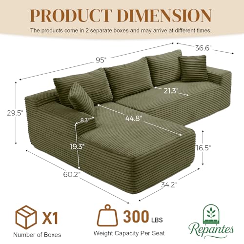 Image of 95 inch L Shaped Boneless Sectional Couches, Wide Armrest, Deep Seat, Memory Foam, Assembly Free, Modern Comfy Corduroy Fluffy Cloud Sofa with Left Chaise for Living Room, Small Spaces, Green