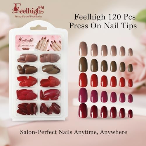 Image of 120 Pcs Press On Nail Tips - Medium Round Artificial Nail Extensions in 5 Colors, Natural Reusable Stick-On False Nails Kit for Women & Girls, 12 Sizes, Salon-Like Finish (Shade 03)
