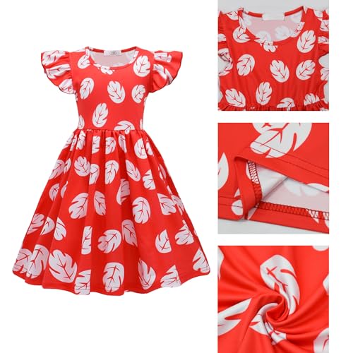 Hawaiian Luau Girls Dress Red Ruffled Tropical Leaf Skirt with Green Lei Set and Pineapple Sunglasses3