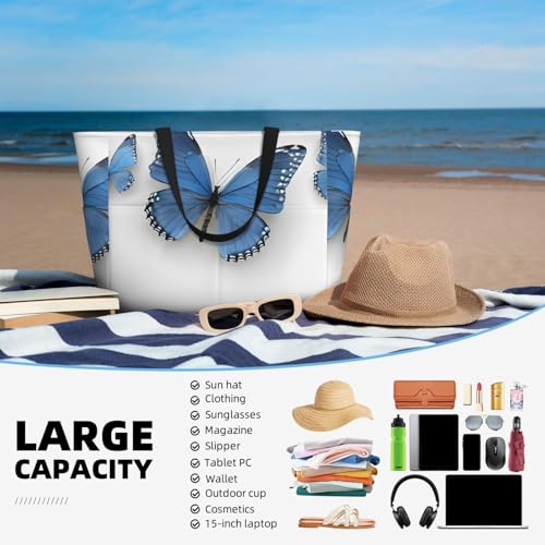 (Blue Butterfly On Blossom Flower) Large Beach Tote Bag for Women Waterproof Sandproof Travel Shoulder Bag with Pocket for Pool Vacation Weekend Gym 5