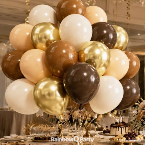 Image of RainbowQ Brown and Gold Balloons: 67PCS 12 inch Tan Sand White Metallic Gold Latex Helium Coffee Balloons Set for Anniversary Wedding Birthday Party Decorations