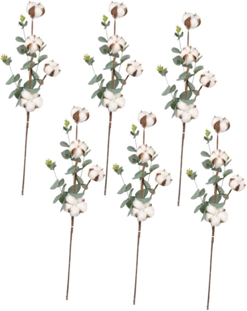 6Pcs Artificial Cotton Eucalyptus Flower Bouquet Faux Flower Decor for Home Hotel Party Wedding Rustic Centerpieces Never Wither for Floral Arrangements