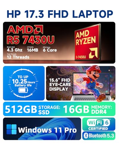 Image of HP 17 inch FHD Student Business Laptop, AMD Ryzen 5 7430U, 20GB RAM 512GB SSD, Windows 11 Pro, 17.3 inch FHD IPS, Copilot AI, Numeric Keyboard, Type-c, w /Accessories