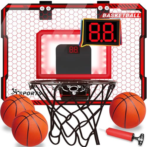 NEUBSAW Basketball Hoop Indoor with LED Lights, Basketball Toys Gifts for 5 6 7 8 9 10+ Year Old Boys Kids, Indoor Over The Door Mini Basketball Hoops with Electronic Scoreboard & 3 Balls
