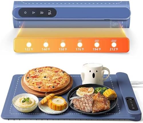 Compact Warming mat for Food, Touchscreen with 6-Temp & Timer Control, Foldable Food Warmer Mat for Coffee Tables, Breakfast Bars & Small Gatherings | Ideal Kitchen Gift (Graphene Heating, Blue)