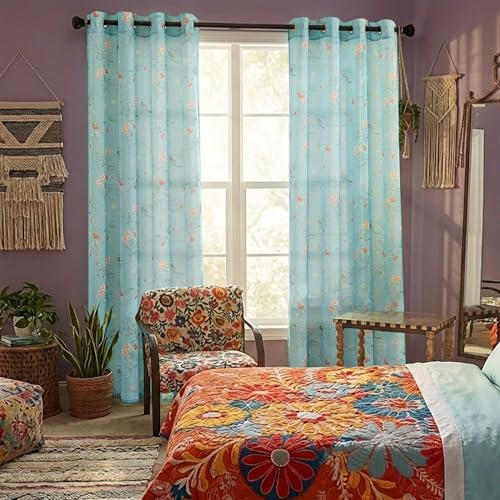 Image of XTMYI Turquoise Blue Eclectic Boho Sheer Curtains, Botanical Pattern Funky Global Artistic Bohemian Breezy Window Panel for Bedroom Living Room, 96 Inch Long 2 Panel Set