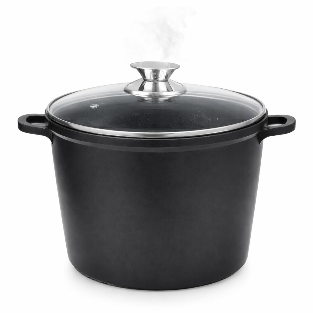 Pentolone Spaghettiera Antiaderente Effetto Pietra Lavica – Pentola Grande per Pasta e Spaghetti, Adatta a Induzione e Gas, Coperchio in Vetro Temperato e Manici Removibili in Silicone (32CM/15L)