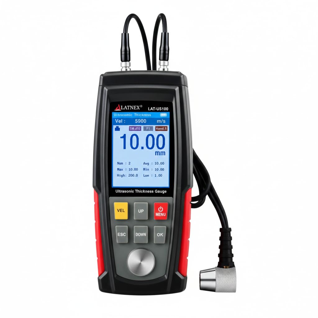 LATNEX LAT-US100 Ultrasonic Thickness Gauge - 1.00-300mm Range (Steel) - 0.01mm High Precision Digital NDT Meter - Handheld Wall Thickness Tester for Metal, Pipe, PVC, & Glass with 5MHz Probe & Case