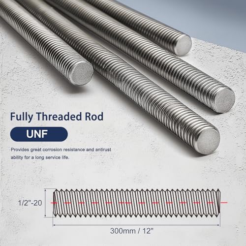 HiPicco 1/2\"-20 Fully All Threaded Rod & Studs, 12\" Length, 304 Stainless Steel Right Hand Fine Thread Screw for Furniture Anchor Bolts, Clamps, Hangers and U-Bolts