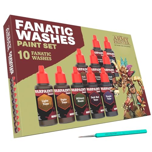 The Army Painter Warpaints Fanatic Washes Set Combo Set von 10 Acrylfarben in 18 ml Tropfflaschen zum Waschen und Schattieren von Miniaturmodellen incl. 1 Pinsel.