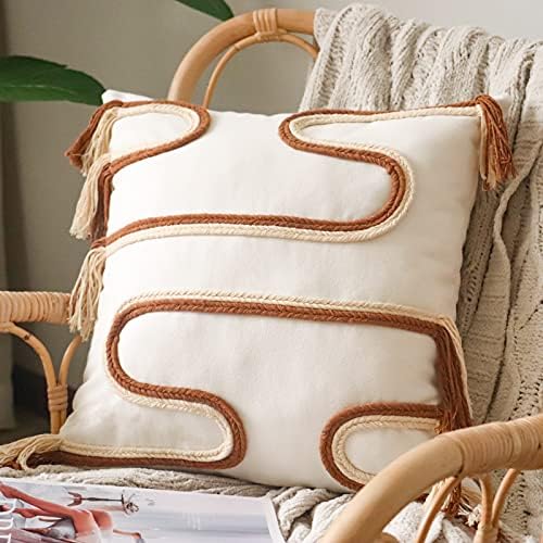 Jonhier Bohemian Throw Pillow Covers, Mid Century Simplicity Square Pillow Case with Fringes, Neutral Textured Cushion Cases, Boho Farmhouse Décor for Living Room and Bedroom (18'' x 18'', White)