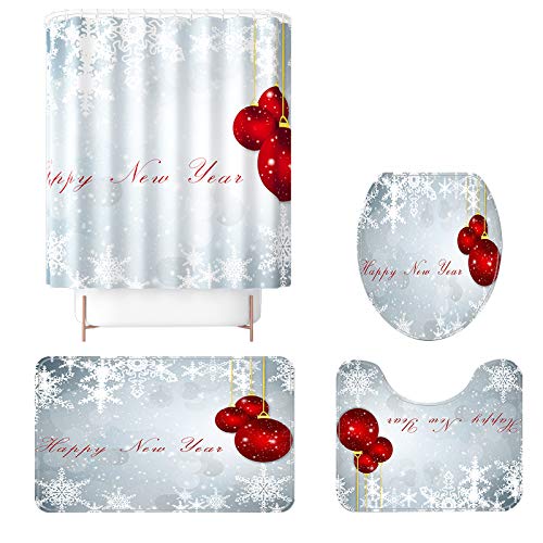 Christmas Bath Mats Set,4 Pieces Merry Christmas Shower Curtain Sets with Non-Slip Rug, Toilet Lid Cover and Bath Mat, Christmas Tree Printed Shower Curtain Set for Christmas Decoration (C)