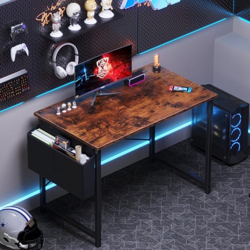 Image of OLIXIS Small Computer Desk, 40 Inch Gaming Desks for Home Office | Writing Study Craft Work Table, Computer Workstation for Bedroom Small Spaces with Storage Bag, Brown