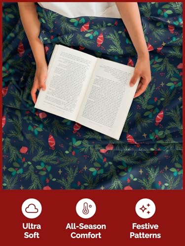 Full Christmas Garland Sheet Set - Holiday Xmas Pattern Bedding Set - Deep Pockets - Snug Fit - 4 Piece - Wrinkle Free & Easy Care - Comfy Festive Winter - Holiday Sheets for Women, Men, Kids & Teens