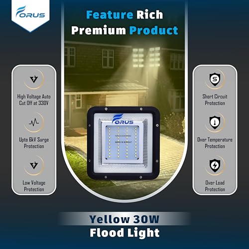 Image of Forus 30W LED Flood Light 4 Years Warranty, IP67 Waterproof Outdoor LED Flood Lights, High Mast Focus, Halogen Flood Light for Factory, Garage, Parking, Garden, Shop, Warehouse, Tent, Yellow 1PC