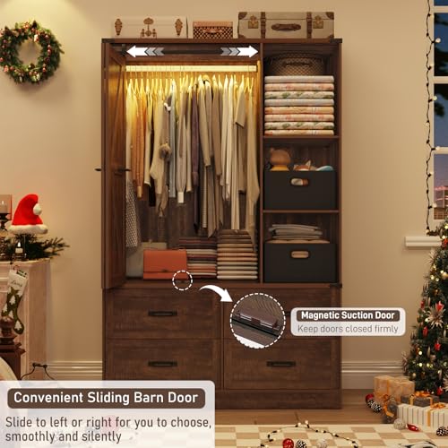 Farmhouse 3 Doors Armoire Wardrobe Closet w/Folding Sliding Barn Door and Lights, LED Armoire Closet w/Drawers for Bedroom, Freestanding Wooden Wardrobe Storage Closets w/Hanging Rod,Rustic Brown