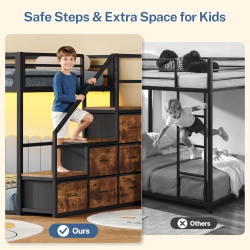 Image of Bunk Bed Twin Over Twin with Storage Stairs, Metal Bunk Beds for Kids
