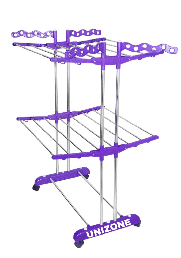 UNIZONE Heavy Duty Stainless Steel Foldable Clothes Drying Rack with Wheels | Multi-Tier Space Saving Cloth Dryer Stand with 16 Hanging Rods & 24 Hanger Slots (Purple)
