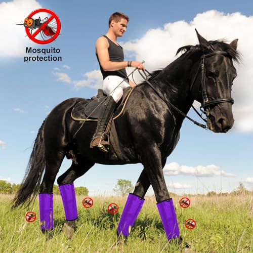 Image of Horse Fly Boots, Breathable Mesh Protection Set of 4, Comfortable Horse Leggings, Breathable Mesh Design, Equine Supplies for Reduce Stomping, Hoof Damage & Leg Fatigue (Purple, Large)