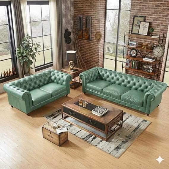 Image of A to Z Furniture Classic 3+2=5 Seater Sofa Set Luxury Chesterfield Leatherette Sofa in for Home Living Room & Office (3+2=5 Seater Sofa Mint Green)