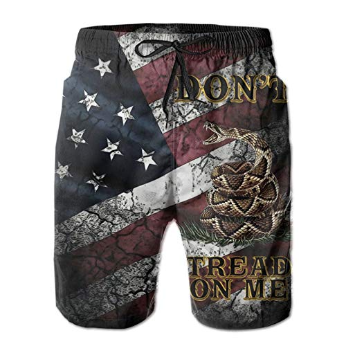 Men's Swim Trunks, Distressed American Flag and Gadsden Flag Don't Tread Snake On with Me Beach Shorts Cool Swimming Shorts Drawstring Beach Swimwear Bathing Suits with Pockets Mesh Lining Large