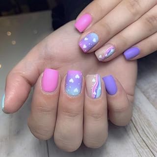 Valentine Press on Nails Short Square Fake Nails Cute Heart Glue on Nails Gradient False Nails with Rainbow Stripes Designs Matte Full Cover Stick on Nails Holiday for Women Girls 24Pcs